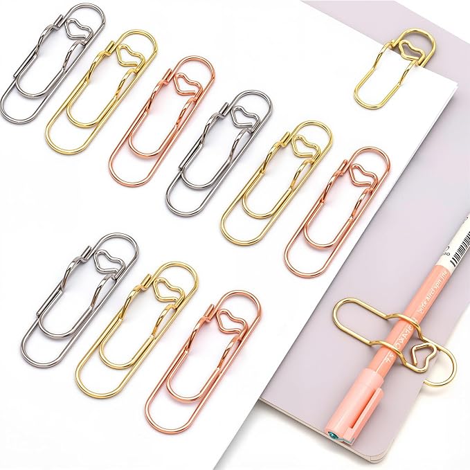Heart Paper Clip Pen Holder for Notebooks, 9-Pack Metal Pen Clip | Paperclip Pen Holder Clips for Journal and Planner, Cute Stationery Accessories for School, Office