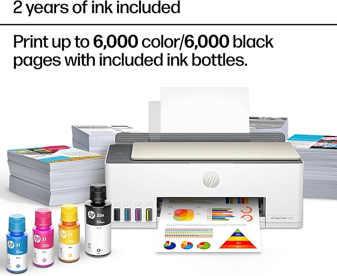 HP Smart Tank 5103 Wireless All-in-One Ink Tank Printer, Scanner,2 Years of Ink, 100 Sheets of Photo Paper Included, Cartridge-Free, Refillable, AI-Enabled (5D1B2A)