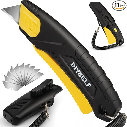 DIYSELF Safety Box Cutter Retractable with Holster, Self Retracting Utility Knife with 10 SK5 Blades, Box Opener Razor Knife, Non-Slip Grip Work Knife for Warehouse Retail Home, Navajas Para Trabajo