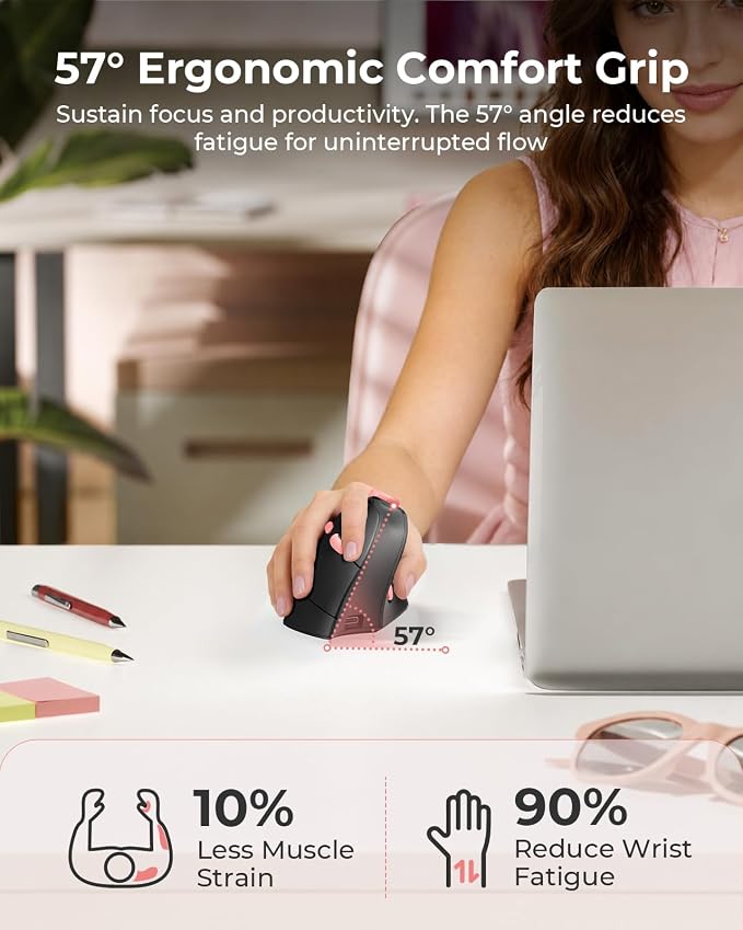 seenda MOU-302 Wireless Bluetooth Ergonomic Vertical Mouse with Volume Knob | Rechargeable 3-device mice for small/medium hands with quiet clicks, 1000/1600/2400 DPI for PC, laptop, MacBook, Black Pink