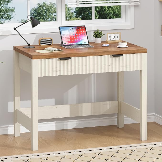 32 Inch Small Fluted Computer Desk with 2 Drawers for Bedroom, Home Office | Small Computer Desk with Storage, Compact Writing Study Desk for Small Spaces, Brown & White