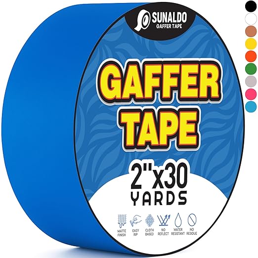 Gaffers Tape Heavy Duty, Easy to Rip, Residue-Free Professional Grade Floor Tape for Electrical Cords, Matte Finish Non Reflective, Weather Resistant (1, Blue, 2" x 30 Yards)
