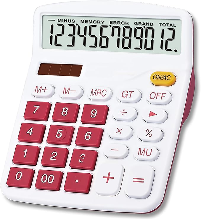 Desktop Calculator Solar Battery Dual Power 12 Digit Large LCD | Display Financial Dedicated Large Standard Function Desktop Business Calculator for Office/Home/School KA08 Red