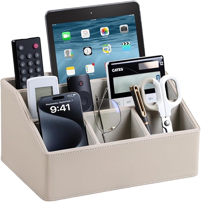 PU Leather Desk Organizer, Remote Control Holder, Dark Beige | Luxury Nightstand Organizer for Home, Office Desk Accessories, Bedside Table Caddy with 5 Compartments, Velvet Lining