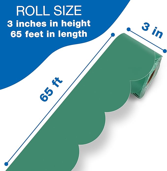Carson Dellosa Grow Together 65Ft of Jade Green Bulletin Board Borders, 1 Roll of Scalloped Trim for Rolling Whiteboard, Cork and Posterboard, St Patricks Day, Christmas Decorations, Classroom Decor