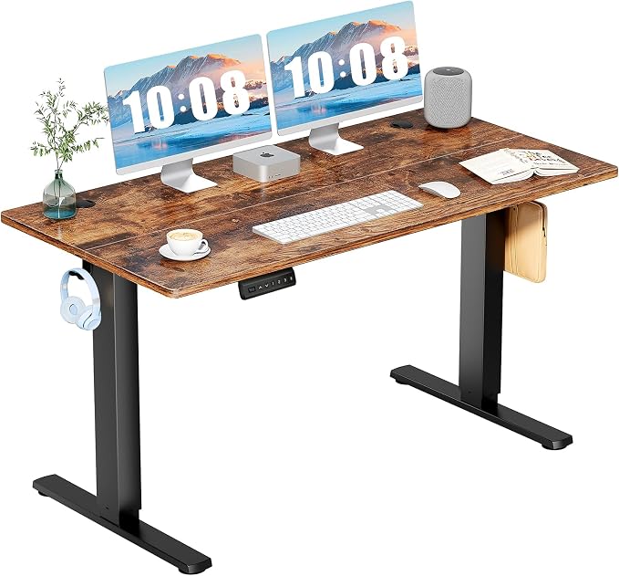 DUMOS 55 Inch Electric Standing Desk, Memory Adjustable Home Office Desk | Sit Stand Up Desk for Work Home Office,Adjustable Desk, Rising Computer Table with Splice Board,Cable Management,Hook,Brown