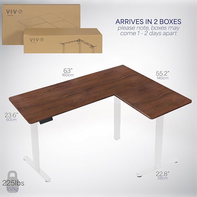 VIVO Corner Standing Desk, 63 x 55 inch Reversible L-Shaped Workstation, Electric Height Adjustment, Home, Office, and Reception Rooms, Dark Walnut Table Top White Frame, DESK-E3CTWD