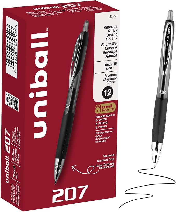 uniball™ 207 Gel Pens, Black Ink, 0.7mm Medium Point, Retractable, 12 Count | Smooth Writing, Fraud-Resistant, uni Super Ink™