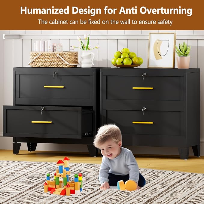 2 Drawer Metal File Cabinet with Lock,Lateral Filing Storage Cabinets,Steel Wide File Organization for Legal/Letter/A4/F4 Size with Hanging Files&Key,Lockable Printer Stand for Home Office, Black