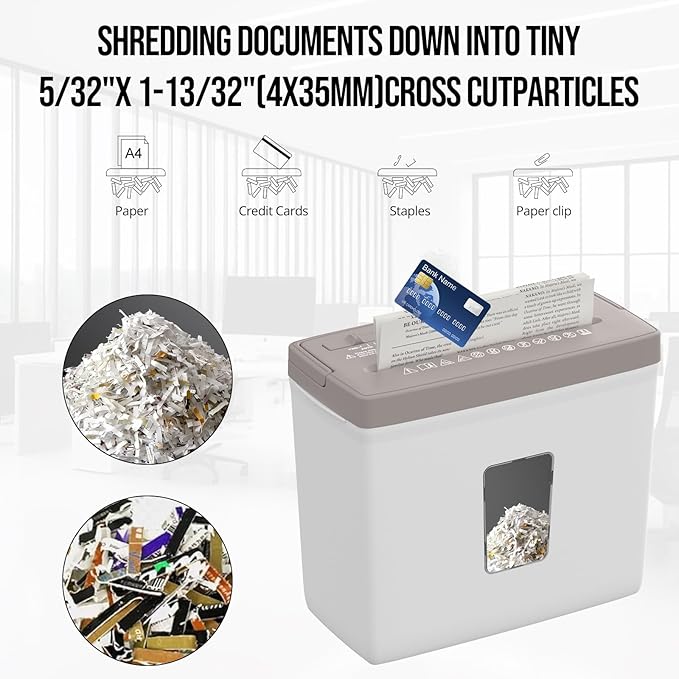 5-Sheet Cross Cut Paper Shredder for Home Office, P-4 High Security Level Document Shredder with 2.38 Gallon Bin, Jam Proof Design & Thermal Protection for Professional Use, Brown + White