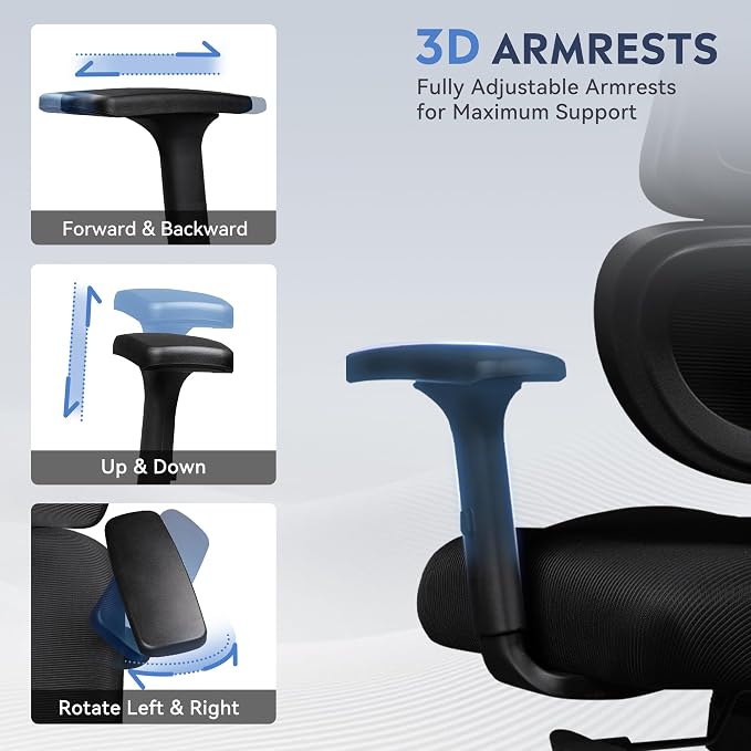 DEVAISE Office Chair Big and Tall Reclining Ergonomic Desk Chair for Long Hours, Comfy Breathable Mesh, Adjustable Armrests with Lumbar Support, Black