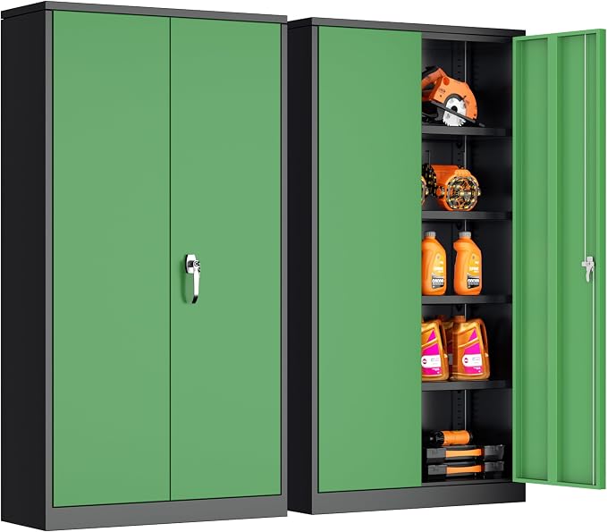 Metal Storage Cabinet, 72" Steel Lockable File Cabinet with Locking Doors and Adjustable Shelves, Locking Storage Lockers for Office, Home, Garage, Gym, School (Black Green)