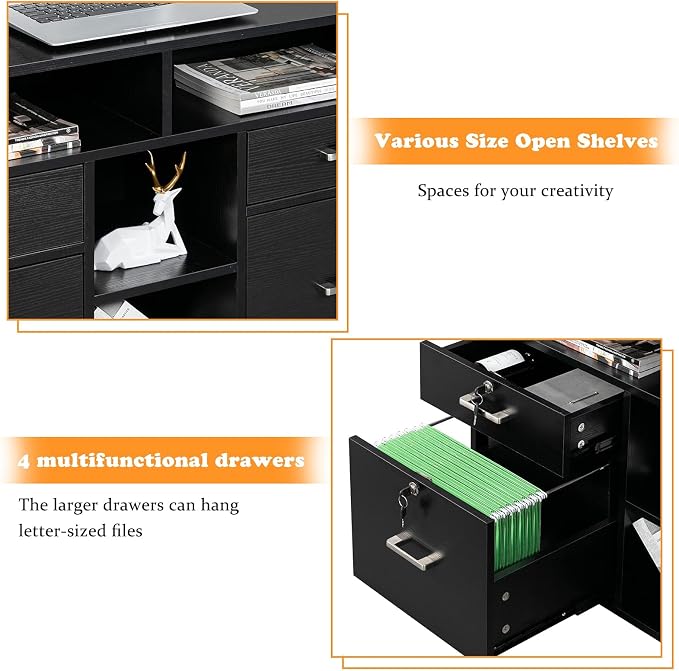 VINGLI Wood Mobile File Cabinet with 4 Drawers and Shelves, Printer Stand with Open Storage, Locking Lateral Filing Cabinet for Home Office, Black