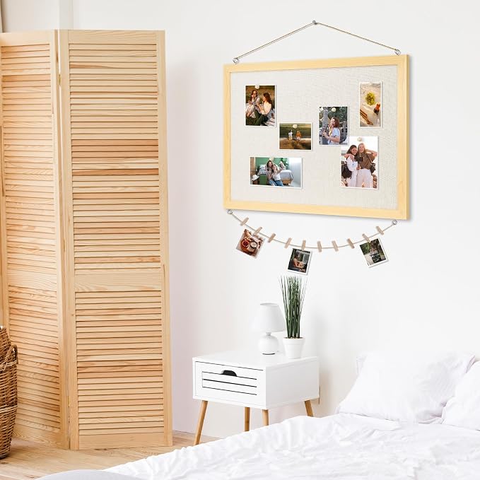 DOLLAR BOSS Bulletin Boards with Linen, 24"x18" Cork Board, Natural Wood | Double-Sided Corkboards for Walls, Decorative Pin Board, Photo Display, For Office Home School Dorm, 10 Pushpins 10 Clips