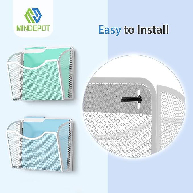 MINDEPOT Wall File Organizer, Hanging Wall File Holder, 2 Pack, White | Heavy Duty Iron, Metal Mesh Wall Mount, Single Pocket, Mail Organizer, for Office School Classroom Home, Letter A4 Size