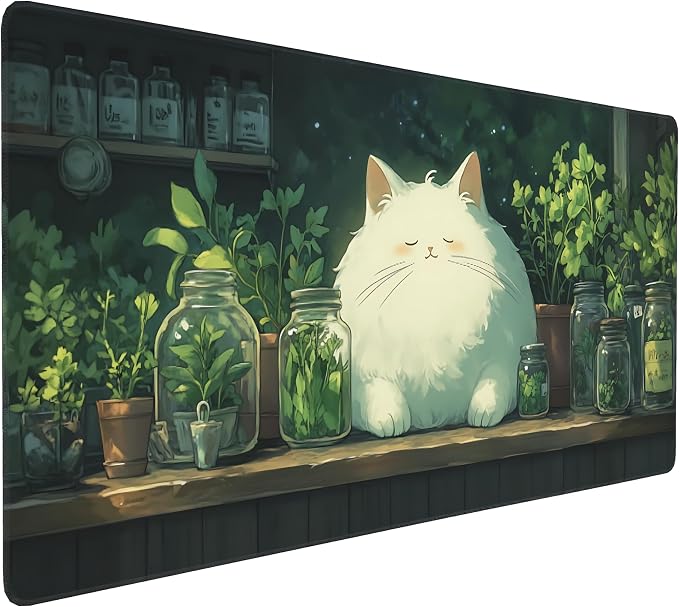 Cute Anime White Cat Gaming Mouse Pad, Forest Green Anime Desk Mat with Anti-Slip Base & Stitched Edges,35.4" x 15.7" in Table Mat for Computer Desktop, Beautiful Workstation Decor
