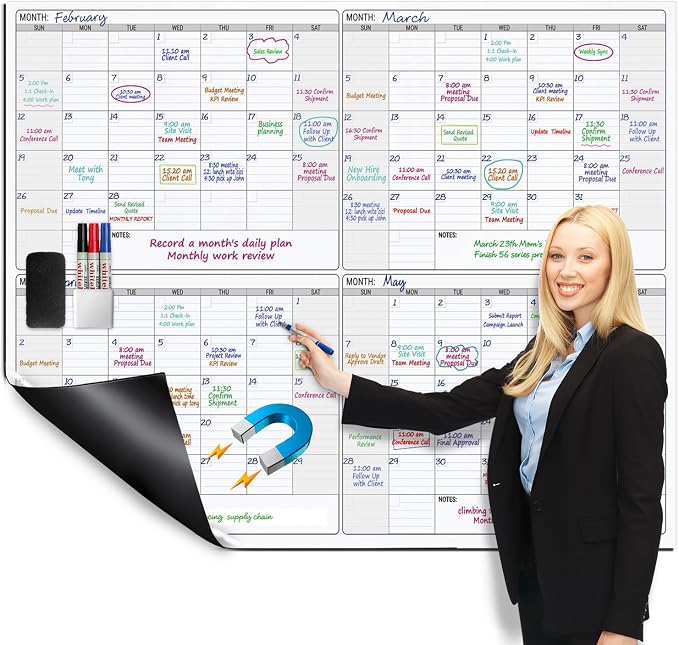 Extra Large Magnetic Dry Erase Calendar 4 Month,46x63 in Magnetic Calendar | Giant Huge Size Erasable Laminated Four Monthly Whiteboard Calendar, Oversized Blank 120 Days White Board Poster for Office