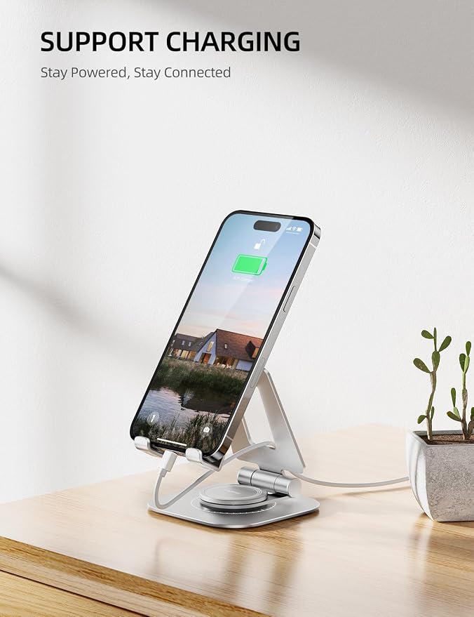 Nulaxy 360° Rotating Multi-Angle Adjustable Phone Stand, Silver | Portrait and Landscape Viewing, Foldable Design, Thick Case Friendly, Compatible with All Phones and Nintendo Switch