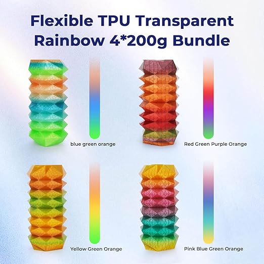 AMOLEN TPU 3D Printer Filament Bundle, Transparent Multicolor Rainbow TPU 1.75mm, Color Change Flexible Soft TPU 3D Printing Filament Supports High Speed, 200gX4 Spools
