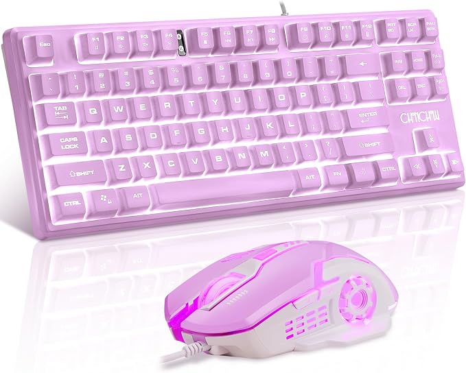 CHONCHOW LED Keyboard and Mouse Combo,Wired 87 Key | Mechanical Feel Anti-ghosting Backlight Keyboard with Multimedia Keys for Windows, Mac Desktop/Laptop/PC (Purple)