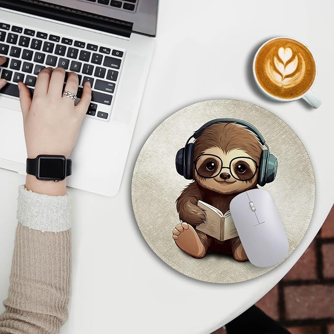Immaturus Cute Sloth Mouse Pad, Small Mousepad for Desk Gaming Work Office | 8.6" x 8.6", Mini Travel, Home Decor Desk Accessories, Round, Non-Slip Base, for Wireless Mouse Laptop Computer, Mouse Mat