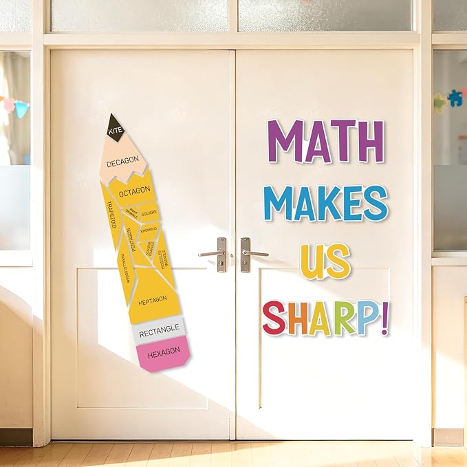 21Pcs Math Bulletin Board Decorations Sets, Pencil Decorations for Classroom, Educational Math Makes Us Sharp Geometry Paper Cutouts for Back to School Teachers Supplies Window Door Wall Decor