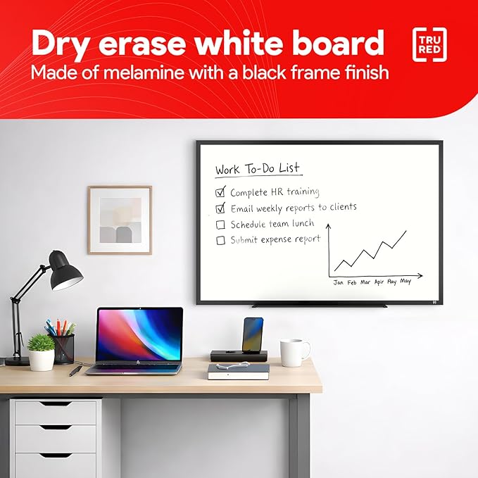TRU RED Melamine Whiteboard | Dry Erase Board for Wall, White Board with Black Aluminum Frame, 3 ft x 2 ft, Fine Tip Marker Included