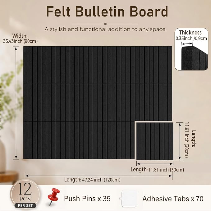 Large Felt Bulletin Board 48" x 36" Cork Board Alternative-12 Pack with 70 Safe Removable Adhesive Tabs, 35 Pushpins Notice Board for Walls Home Office Classroom Pin Board -Gray