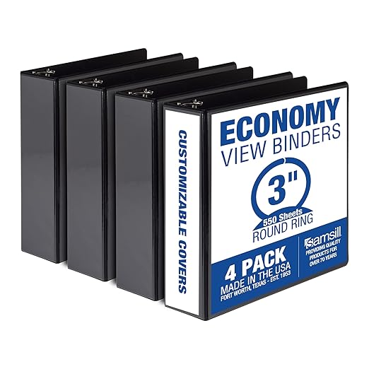 Samsill 3 Inch 3 Ring Binders, Economy Round Ring, Clear View Cover, 550 Sheet Capacity - for School, Home, Office - Black, 4 Pack