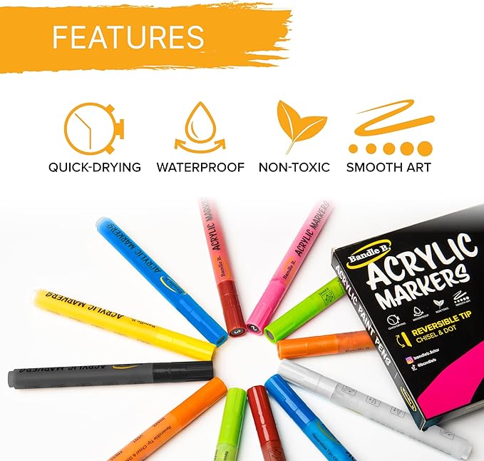 Bandle B. Acrylic Paint Markers – Set of 12 Paint Pens for Art, Fabric, Coloring, and Journaling–Quick-Drying, Waterproof, Non-Toxic, Reversible Chisel-Dot Tip
