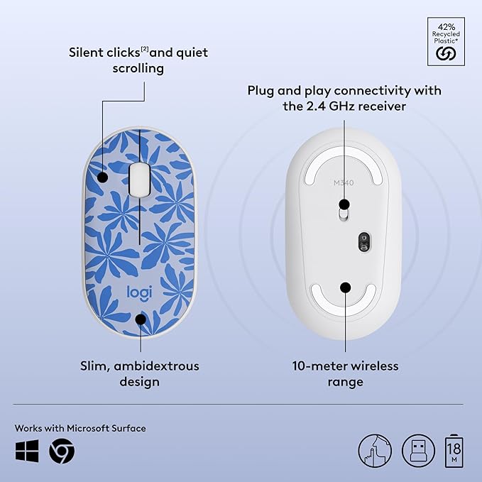 Logitech M340 Wireless Mouse with Limited Edition Prints, USB Receiver and Silent Clicks, Portable Wireless Mouse for Laptop, PC, Windows, Chrome, Surface – Blue Floral