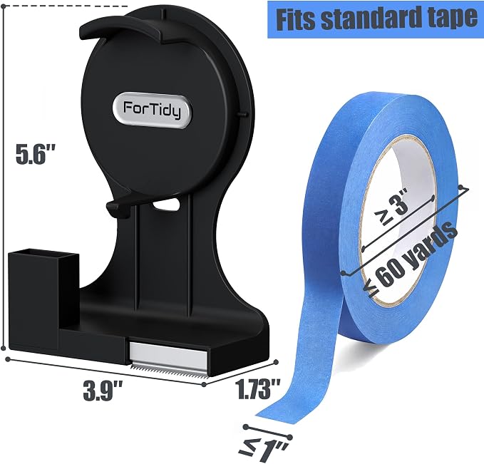 ForTidy Magnetic Masking Tape Holder, Painter's Tape Dispenser, Black | Removable Label System, Cutter Pen Holder, For Home Kitchen, Office, Fridge, Garbage, School (Tape and Pen Not Included)
