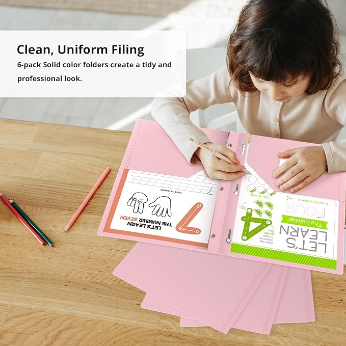 Taja Plastic Folders with Pockets and Prongs (6 Pack, Pink), 2-Pocket Poly Folders with 3 Hole Punch and Business Card Slot, Fits Letter Size Paper, for School, Office, or Home Use