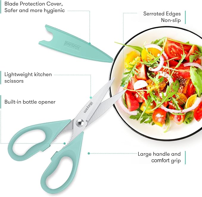 iBayam Kitchen Scissors, Set Of 2, Aqua Sky, Black Kitchen Utensils Set | for New Home Essentials, 2-Pack Protective Sheath, Dishwasher Safe, Stainless Steel Scissors, Built-In Bottle Opener
