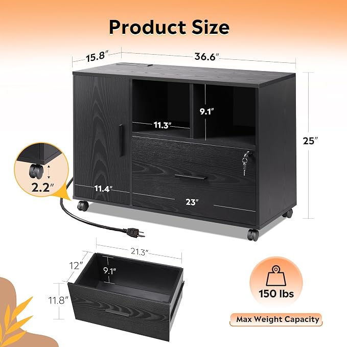DEVAISE Printer Stand with Storage, Mobile Wood File Cabinet, Black | Locking & Charging Station, Lateral Rolling Filing Cabinet, Doors and Shelves, Fits Legal/letter/A4, for Home Office, Study