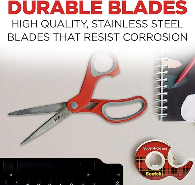 Scotch Multi-Purpose Stainless Steel All-Purpose 2 Pairs of Scissors, 8 Inches, Red & Gray, Great for cutting holiday gift wrap paper