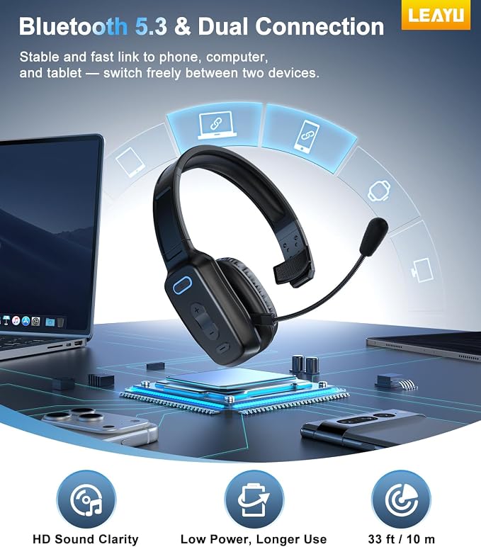 Trucker Bluetooth Headset, 60-Hour AI Noise-Canceling Mic for Driving | Mute Button, Multipoint Pairing, Single-Ear Design, Over-Ear Comfort, Bluetooth 5.2 Wireless Headphone, Phone/PC, Office/Work