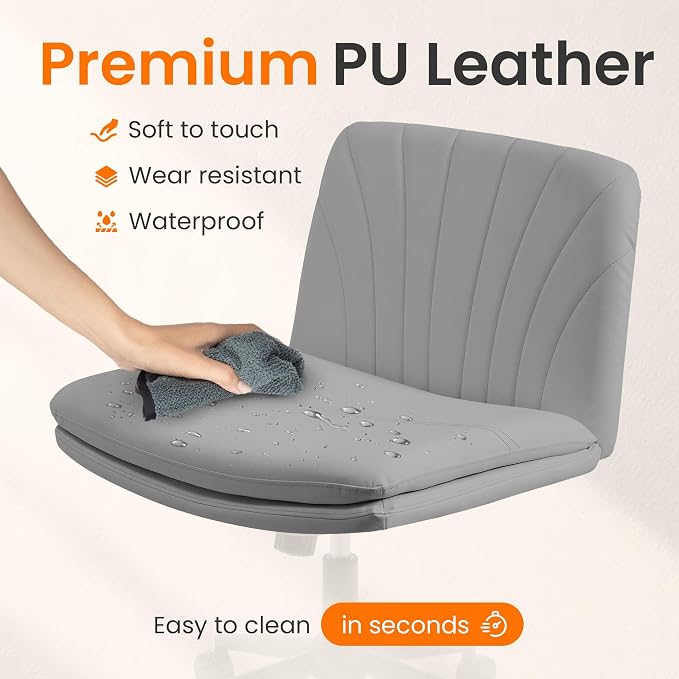NEO CHAIR Criss Cross Chair with Wheels Armless Cross Legged Office Desk Wide Comfy Vanity Makeup Chair Adjustable Swivel Rolling Computer for Home Office PU Leather (Grey) | Cross-Legged Friendly, Height Adjustable with 360° Swivel, Smooth Rolling Whe...