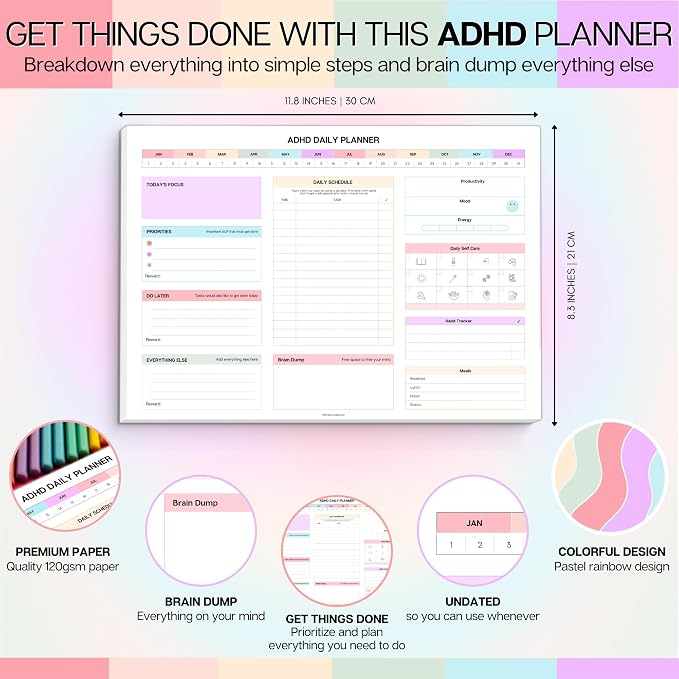 ADHD Daily Planner Notepad for Neurodivergent Adults - Productivity Daily Planner Desk Pad & Task Management to Stay Organized and Focused Note Pad (Rainbow, A4 Landscape)