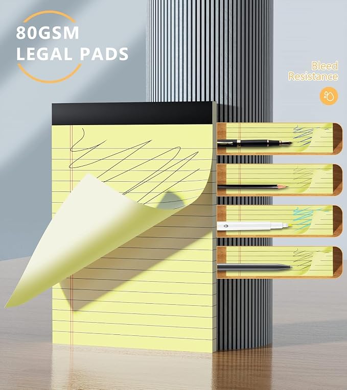 Yellow Legal Pads 4x6, 8 Pack, Narrow Ruled, Perforated,30 Sheets per Pad | Small Thick Paper, Ink Bleed Resistant, Smooth Writing Durable Cardboard Back, Easy Tear-Off Pages，Double-Sided,Pocket Size