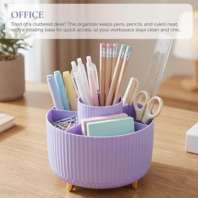 Pencil Pen Holder for Desk, 5 Slots 360-Degree Rotating Desktop Organizer, Cute Desk Organizers and Accessories for School, Home, Office and Art Supply, Purple