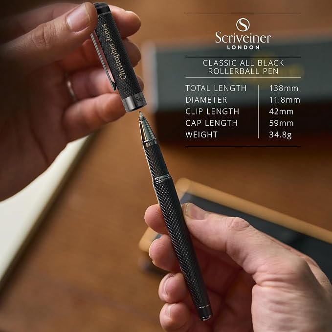Scriveiner All Black Rollerball Pen - Stunning Luxury All Metal Matt Black Pen, Schmidt Ink Refill, Best Roller Ball Gift Set for Men & Women, Professional, Executive Office, Custom Name Engraving