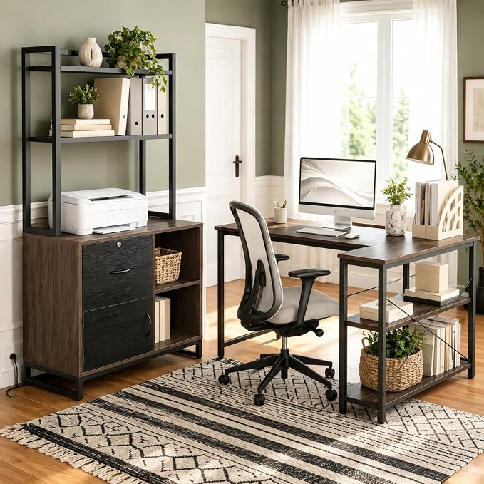 Vertical Filing Cabinet with Bookshelf for Home Office, Walnut | File Cabinet with Shelves, Lock & Charging Station, Drawer Office File Cabinets with Printer Stand, fits Letter Size