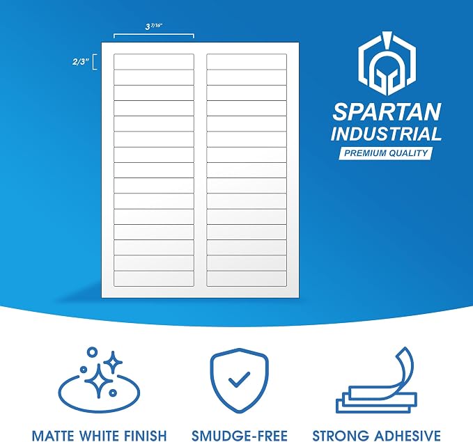 3 7/16" X 2/3" Matte White Printable Labels (30 Sheets, 900 Stickers) File | Folder, Address, Mailing Labels for Laser & Inkjet Printers - Spartan Industrial Template R012
