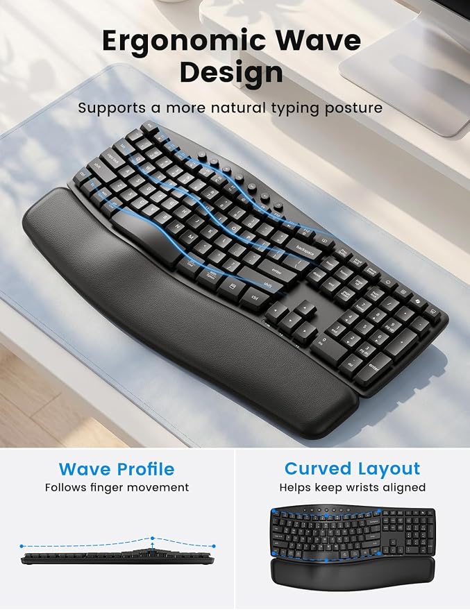 Wireless Keyboard and Mouse Combo, SABLUTE MA41 30dB Quiet Ergonomic Wave Keyboard Set with Soft Leather Palm Rest, Dual-System Switch for Windows/Mac, Ideal for Business Teams Home Office | Soft Leather Memory Foam Wrist Rest, 2.4GHz Wireless, UAB-A &...