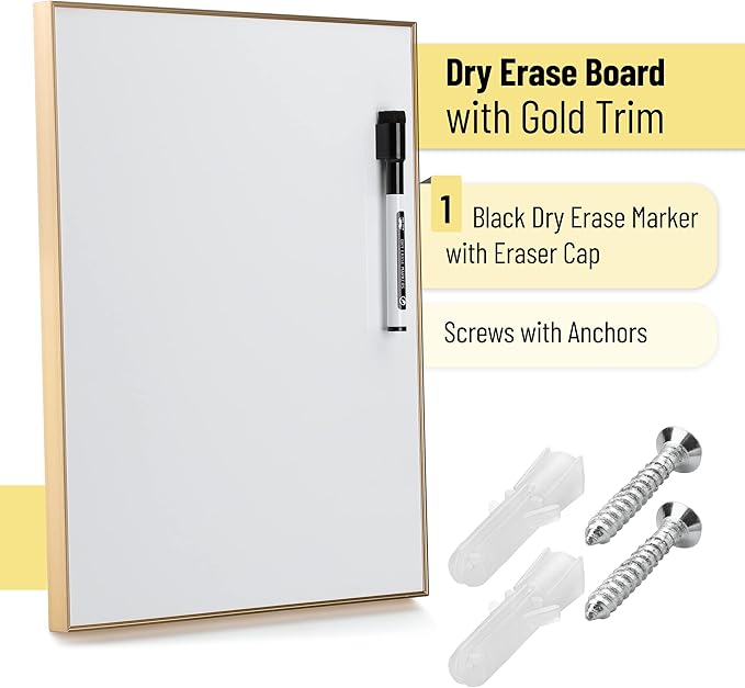 Mr. Pen- Dry Erase Board, 14” x 11” with a Black Dry Erase Marker | Aluminum Frame, Gold, Magnetic Small Mini White Board for Students, Fridge, Wall, Locker, Includes Double Sided Tapes
