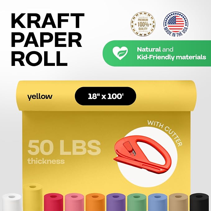 Yellow Kraft Paper Roll 18" x 1200" (100 feet) with Cutter - USA-Made Gift Wrapping Paper for Packing, Moving, Shipping & Crafts/Arts - 100% Recyclable Natural Craft Material by IDL Packaging | Gift Wrapping Paper for Packing, Moving, Shipping & Crafts...