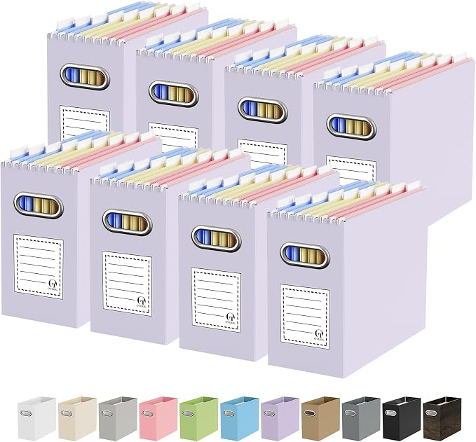 Portable Collapsible Cardboard File Box with Handle for Letter-Size | 8-Pack. Stainless Steel Handle. Label Stickers Included. Fits Letter Folders (Not Included). Home, Office, School, Dorm, Tax.