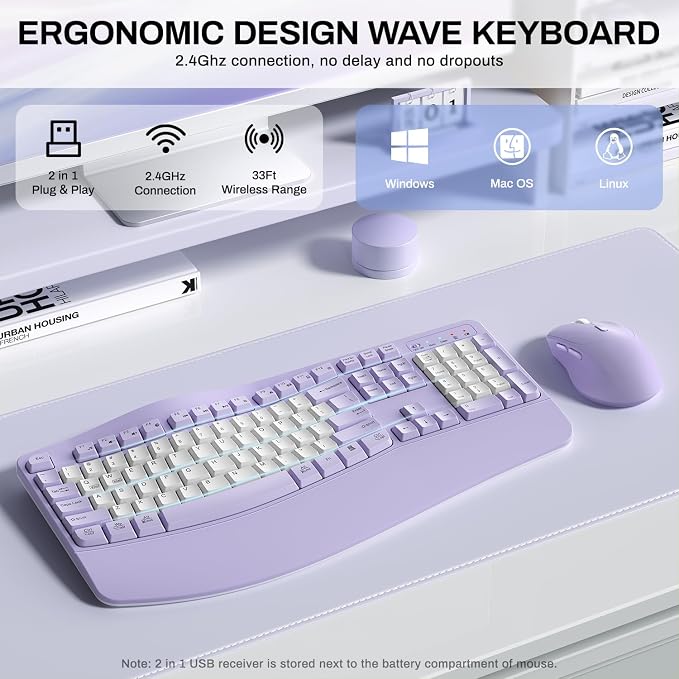Wireless Keyboard and Mouse Combo,2.4G Ergonomic Wave Keys(Purple-B) | Full Size Cordless Keyboard with Wrist Rest,3-Level DPI Ergonomic Mouse for Office and Home,Windows/Mac OS/Desktop/Laptop/PC