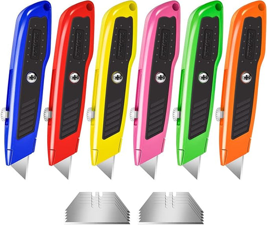 6 Pack Utility Knife, Colorful Retractable Box Cutter with 10 SK5 Blades, Heavy Duty Razor Knife for Cardboard, Boxes, and Cartons